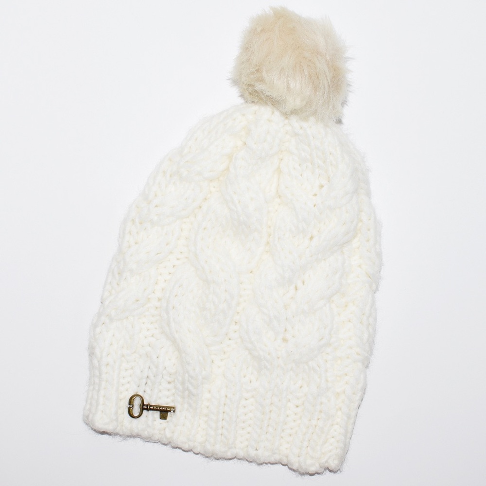 Fossil Cream Knit Key Charm Pom Pom Beanie Hat